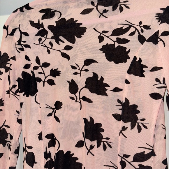 CBR SHEER DRESS MED. PINK W  BLACK FLORAL MIDI THIGH HIGH SLITS  HIGHCOLLAR NECK - Picture 3 of 14